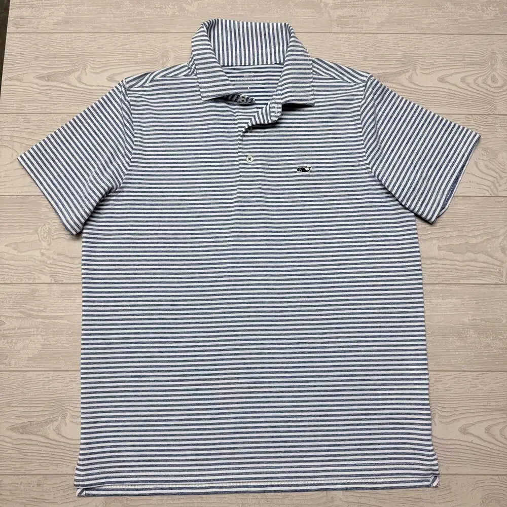 Vineyard Vines Sankaty Performance Polo Boys Large 16 Blue Striped Golf Shirt